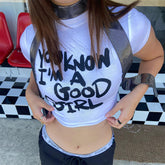 Bxoxo Y2K streetwear hip hop vintage rock gothic punk letter print white O-neck women's crop top sexy Harajuku chic aesthetic baby top